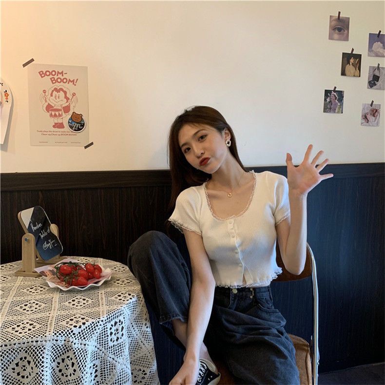 Áo croptop tay ngắn phối viền ren áo thun nũ cộc tay ôm body