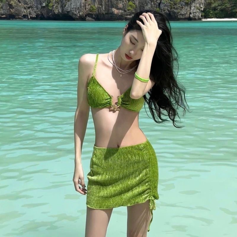 Bộ Đồ Bơi Bikini 3 Mảnh Có Viền Kim Loại Và Váy Màu Trơn Gợi Cảm Hàng Mới Dành Cho Bạn Nữ