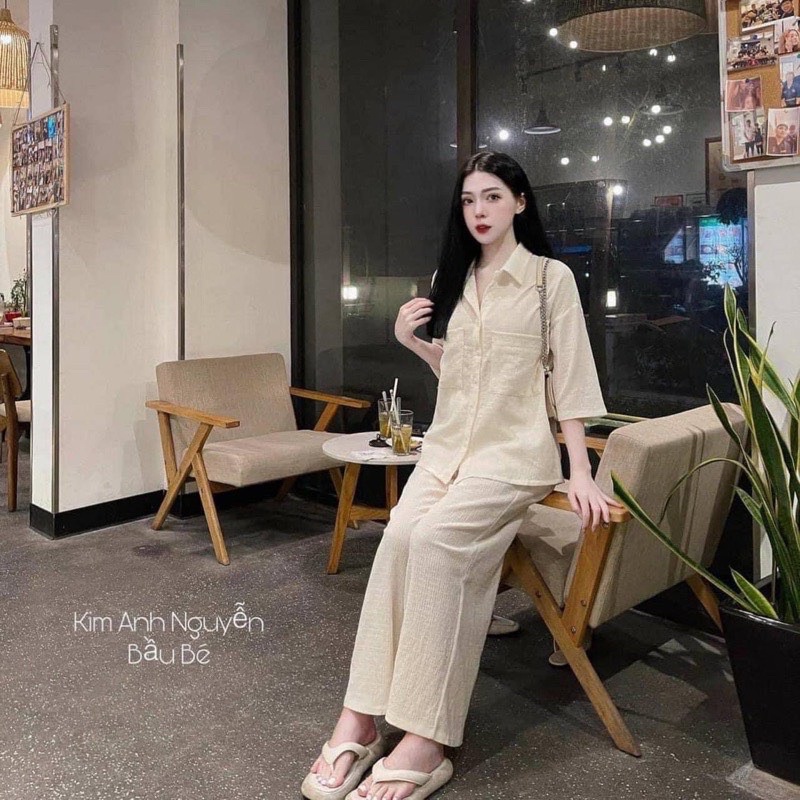 Set Bộ Xốp Nhăn Mềm Quần Ống Suông Tông Màu Tối Giản Mã CH1