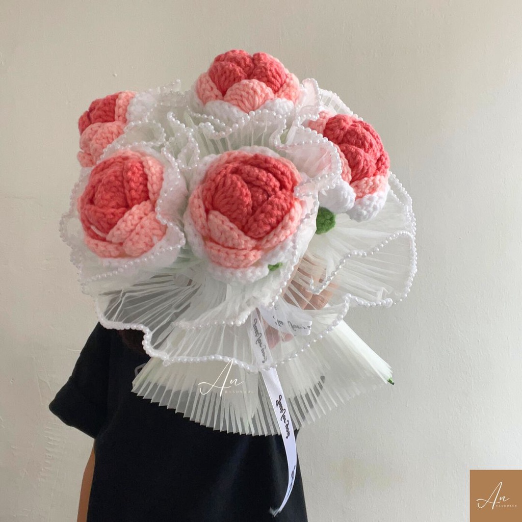 Hoa hồng len handmade, hoa len ombre siêu xinh, món quà ý nghĩa tặng người yêu, bó hoa 5 bông