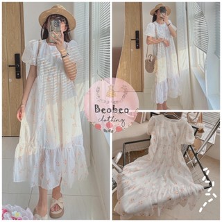[Ảnh thật] Đầm trắng babydoll hoa nhí tay phồng dễ thương