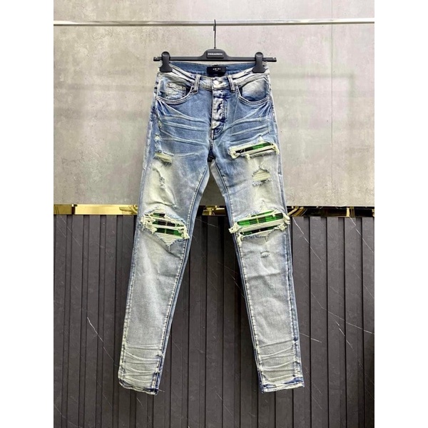 ⚡️[Hight Quality] - Quần Bò Amiri - Jeans Amiri Đen Vá Trắng ( Vá Da  ) Dáng Biker - Hàng Loại 1 Chất Liệu Jean Cao Cấp