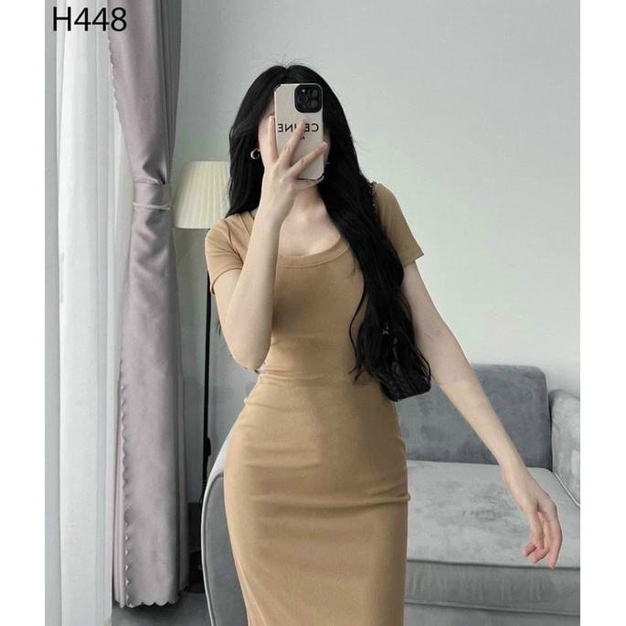 Đầm ôm body nữ phối kiểu tay ngắn chất vải thun gân