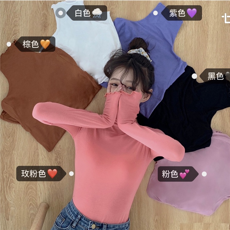 Áo Thun Tay Dài Cổ Cao Màu Sắc Đơn Giản Cho Nữ