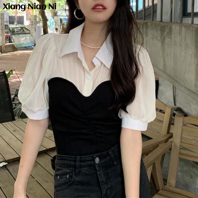 Xiang Nian Ni Áo Sơ Mi Dệt Kim Ôm Dáng Tay Ngắn Ghép Nối Lập Thể Kiểu Pháp Thời Trang Mùa Hè Mới Cho Nữ