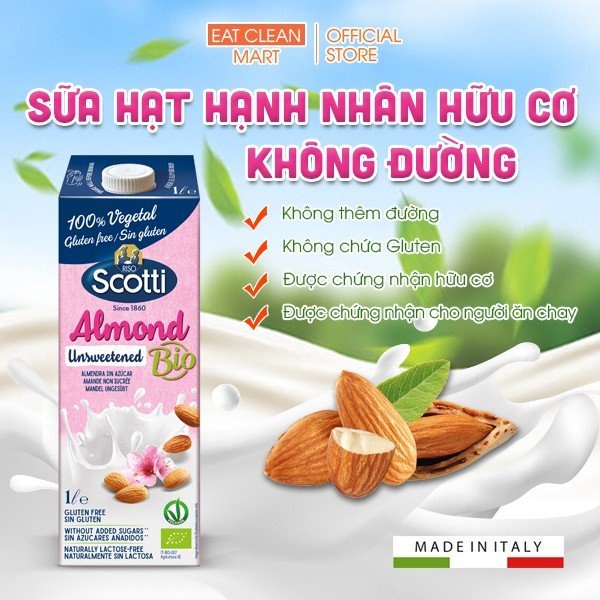 Sữa Hạt Hạnh Nhân Hữu Cơ Không Đường Riso Scotti - BIO Unsweetened Almond Drink - Hộp 1L