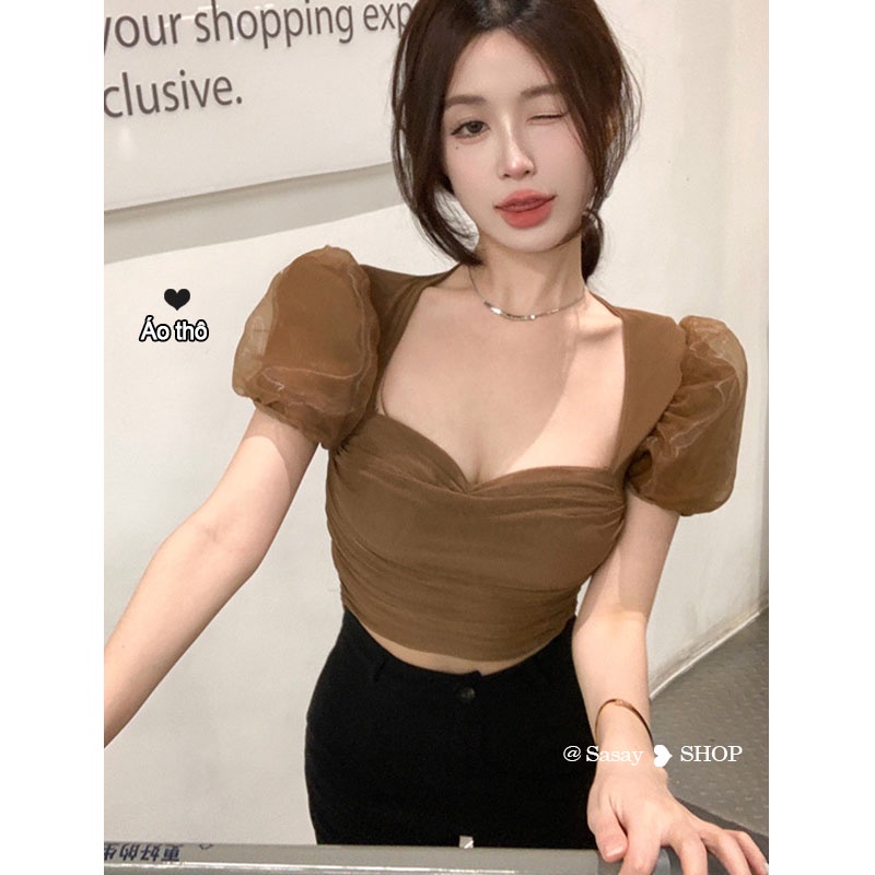 QADCOL Áo Lưới Tay Phồng Xếp Ly Ôm Dáng Màu Trơn Gợi Cảm Thời Trang Xuân Hè Cho Nữ