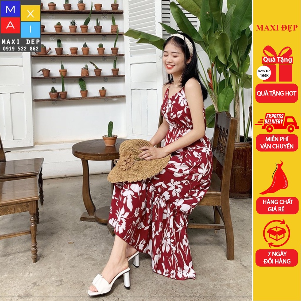 Váy 2 Dây Yếm Cao Cấp Hoa Nền Đỏ Đô Nhấn Eo Maxi Đẹp( Hàng Thiết Kế Có 3 Size Đến 75Kg)