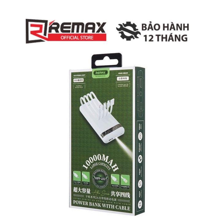 Pin sạc dự phòng đa năng Remax RPP-222 10000mAh 1 cổng USB tích hợp màn hình LED và 4 cáp sạc (Trắng)