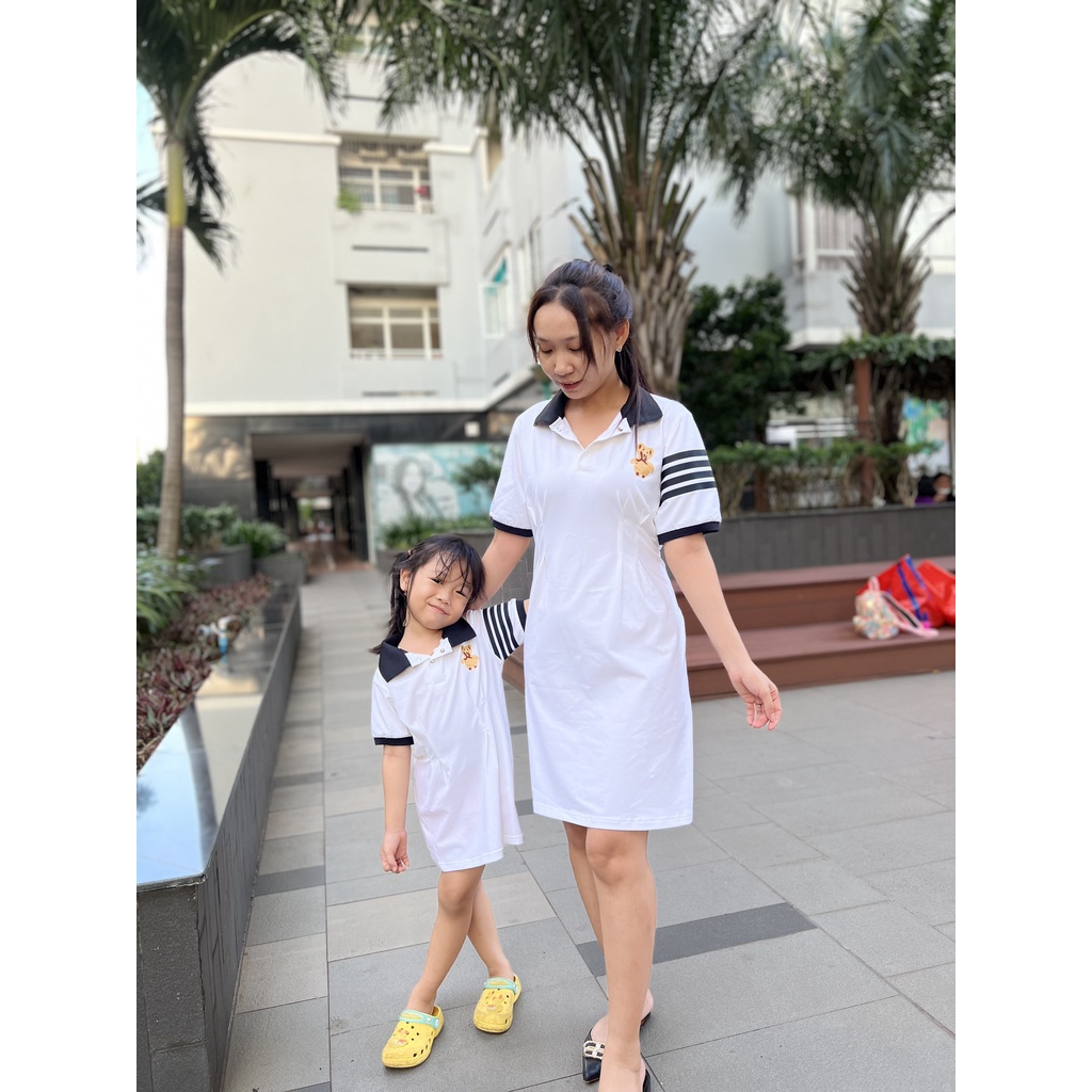 Áo Polo gia đình HappyFamily - Đồ gia đình Có Cổ,Sọc 2 Bên Tay In Góc Họa Tiết Gấu Đáng Yêu chất Cotton 100% màu Trắng