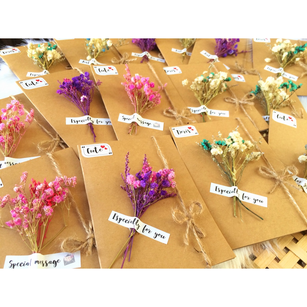 Thiệp giấy kraft hoa khô, tealight handmade làm quà tặng, trang trí hộp quà, quà tặng sinh nhật, valentine