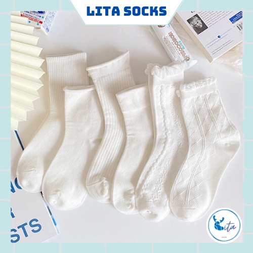 Tất vớ trắng cổ cao lolita phong cách Hàn Quốc vintage xinh đẹp, chất liệu cotton thoáng khí - T11 - Lita Socks