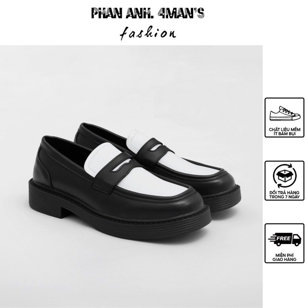 Giày Tây Lười Penny Loafer Black White Phananh.4Man's Da bò Không Nhăn - GD45