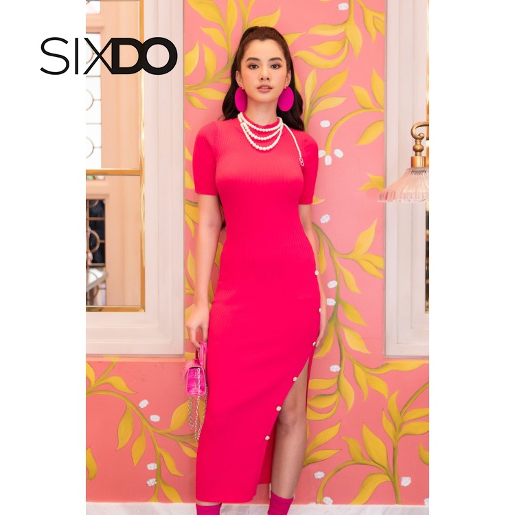 Đầm len dài xẻ tà đùi phối cúc thời trang SIXDO (Split-side Midi Knit Dress)