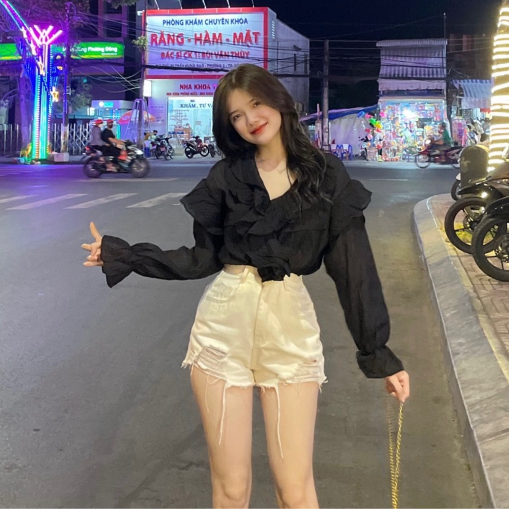 Áo babydoll tay dài , áo kiểu nữ cổ bèo , áo sơ mi bèo chất đũi mỏng siêu xinh PLA138 - SHOP PHUONG LYNH