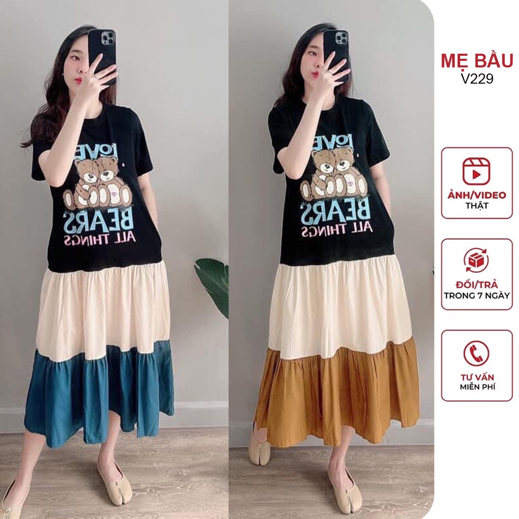 VÁY BẦU THỜI TRANG THIẾT KẾ CHẤT THUN COTTON DÁNG SUÔNG - ĐẦM BẦU MÙA HÈ 3 TẦNG SIÊU XINH FREESIZE