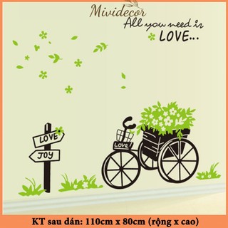 Decal dán tường Xe đạp chở cỏ xanh - cây xanh