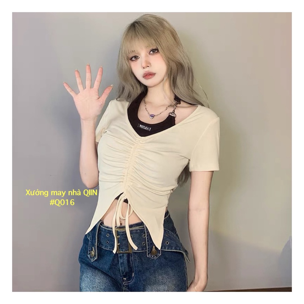 Áo Croptop Tay Ngắn Cổ Chữ V Phối Màu Tương Phản #Q016