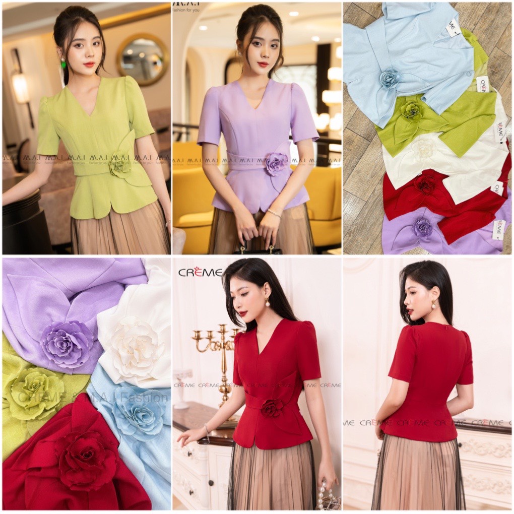 ÁO KÍ GIẢ CÔNG SỞ CỔ V TAY NGẮN THIẾT KẾ CAO CẤP CREME KG3001