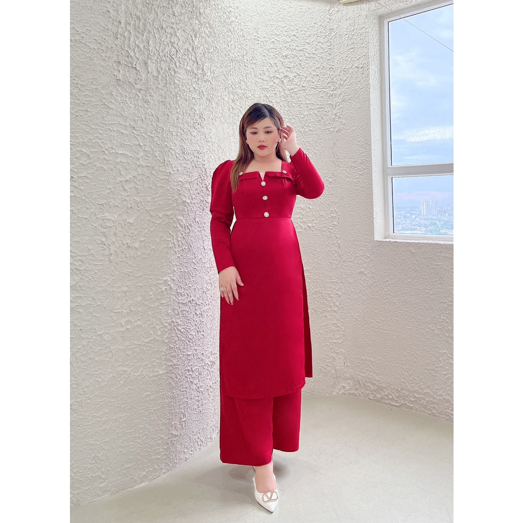 Áo Dài Cách Tân Nữ Bigsize , Cổ Vuông Dài Tay Phối Nút Ngọc Chất Tafta Xịn Sò Che Khuyết Điểm Dành Cho Người Béo 50-90kg