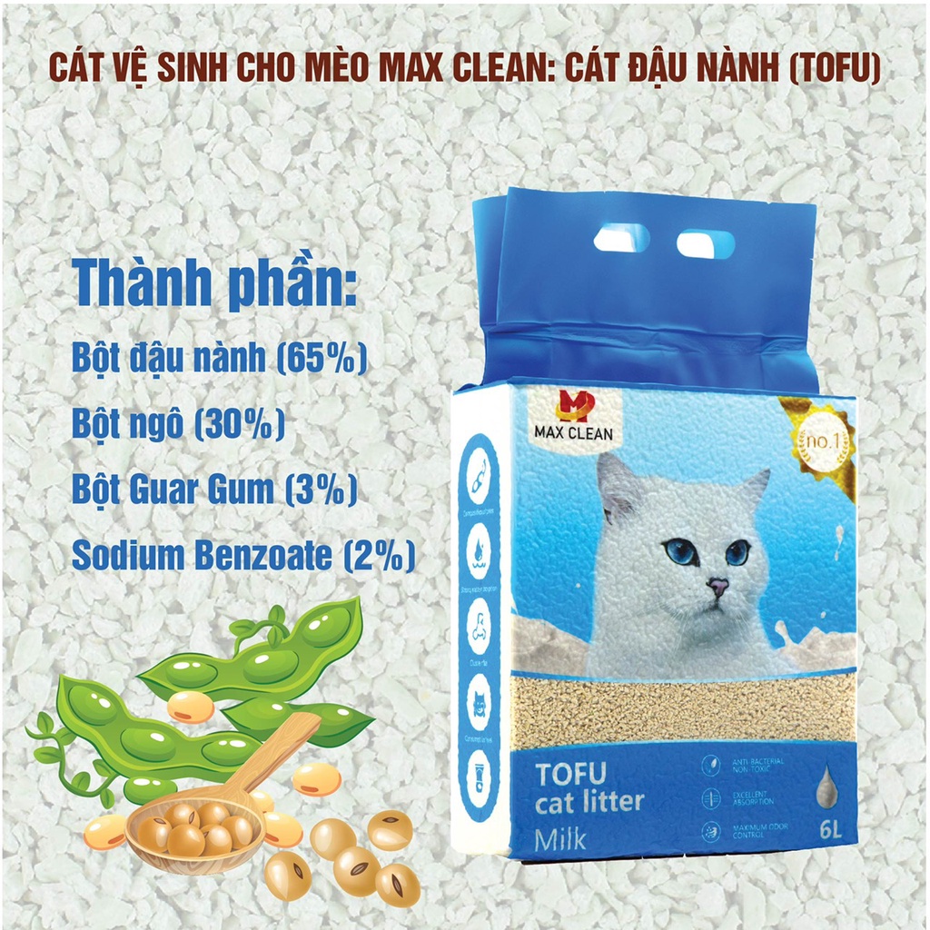 Cát vệ sinh cho mèo Max Clean, Cát đậu nành vón tốt, không bụi, khử mùi tốt, 2,5 kg 6 lít - Max Clean