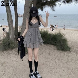 Zhu Xia Đầm Ngắn Hai Dây Eo Nhún Bèo Hợp Thời Trang Cho Nữ