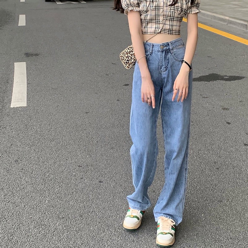 Jiashucheng Quần Jean Dài Lưng Cao Ống Rộng Thời Trang Xuân Thu Cá Tính Cho Nữ