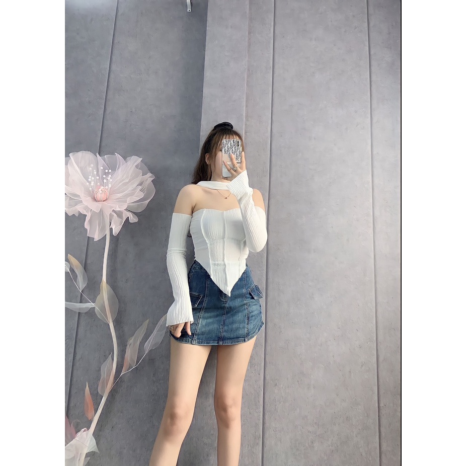 Áo thun nữ đi chơi tay dài trễ vai chất thun xốp mềm dáng ngắn phối dây choàng cổ kiểu tà nhọn xinh hot