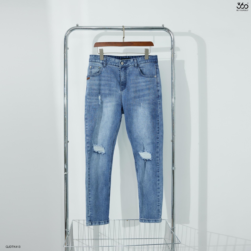 Quần jean nam rách màu xanh denim thương hiệu 360 Boutique form slimfit trẻ trung - QJDTK413