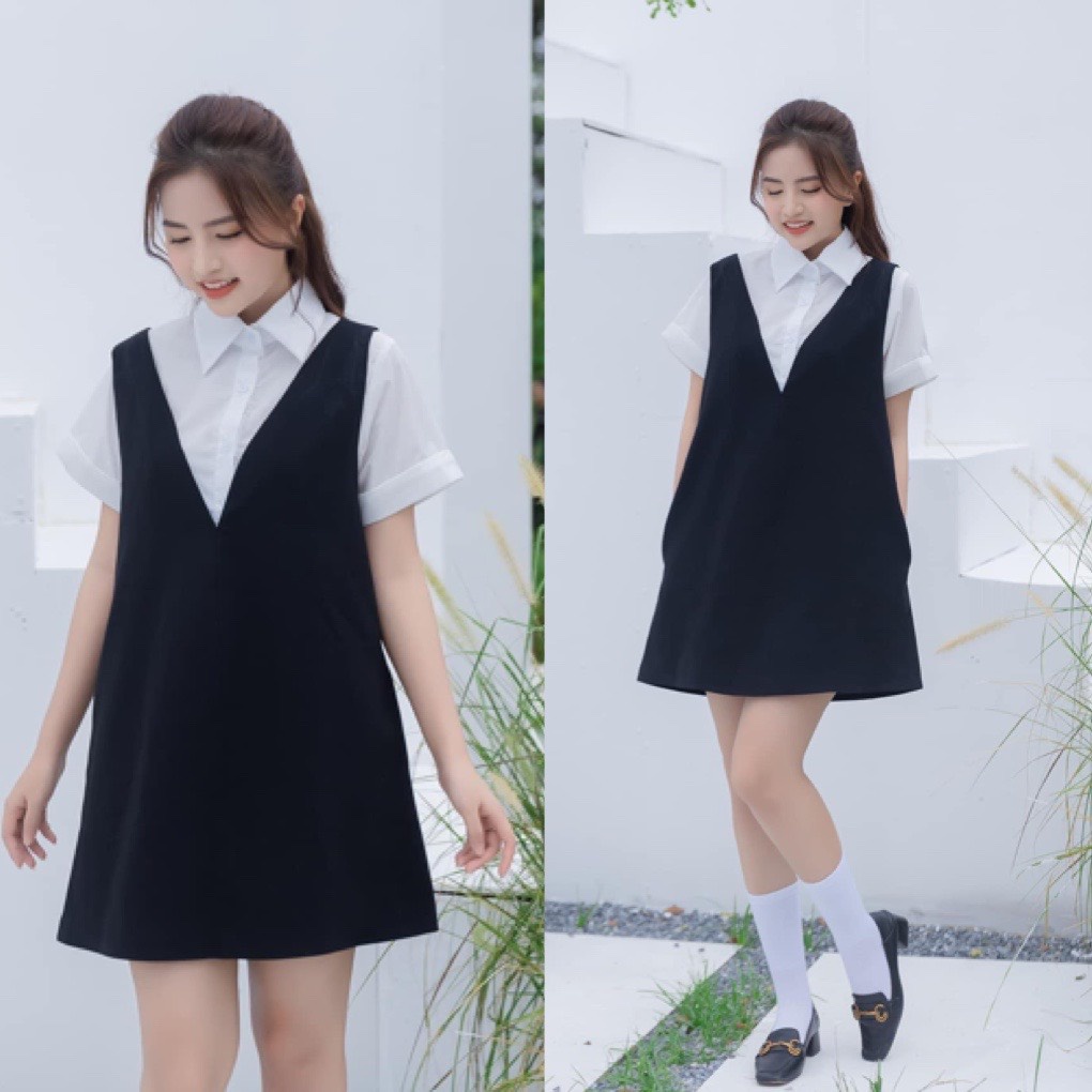 Set yếm váy nữ cổ v kèm áo sơ mi trắng cộc tay- áo sơ mi nữ mix váy yếm ngắn xòe chữ A phong cách ulzzang hàn quốc