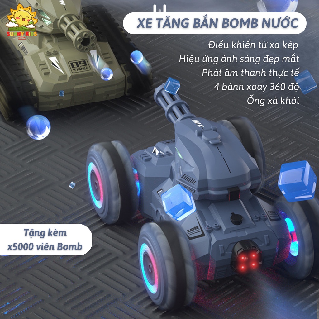 Xe tăng điều khiển từ xa phóng Bom nước, điều khiển kép, PIN sạc 1500mAh, 4 bánh xe Stunt linh hoạt, hiệu ứng sống động