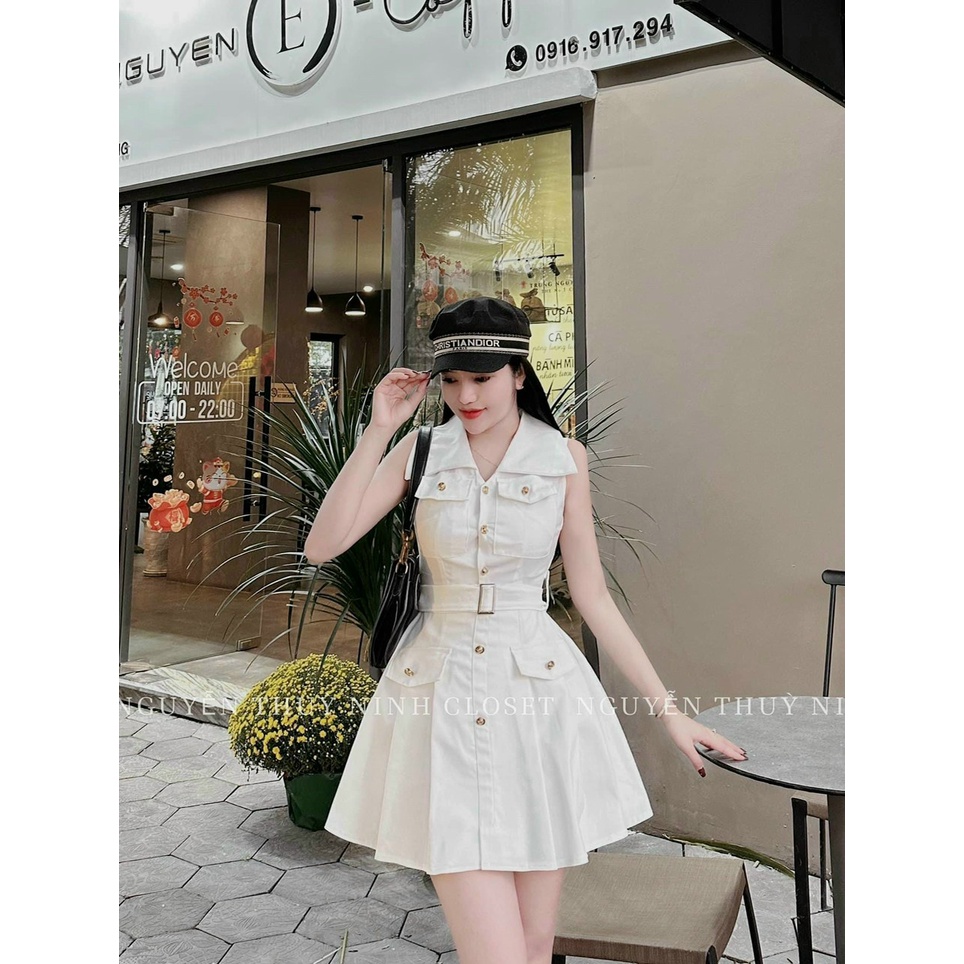 Siêu phẩm Đầm nữ dáng ngắn túi hộp cao cấp,đầm sát nách xếp li tinh tế có đai thắt eo,hàng chuẩn from