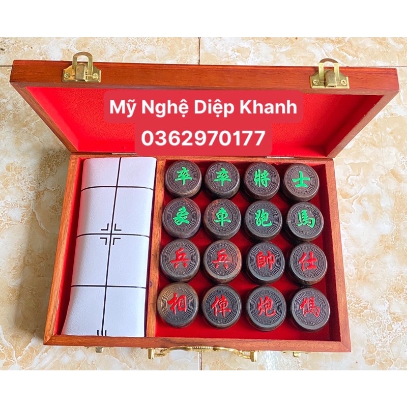 Bộ Cờ Tướng Gỗ Trắc - Quân Cờ, Bàn Cờ Da, Hộp Đựng - Quân cờ khắc CMC tinh xảo