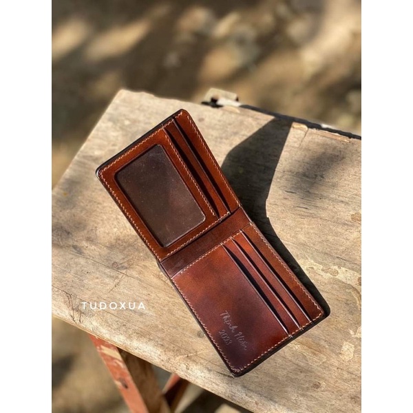 Ví da nam ngang khắc tên theo yêu cầu TUDOXUA chất liệu da veg Ý, tặng kèm móc khóa da