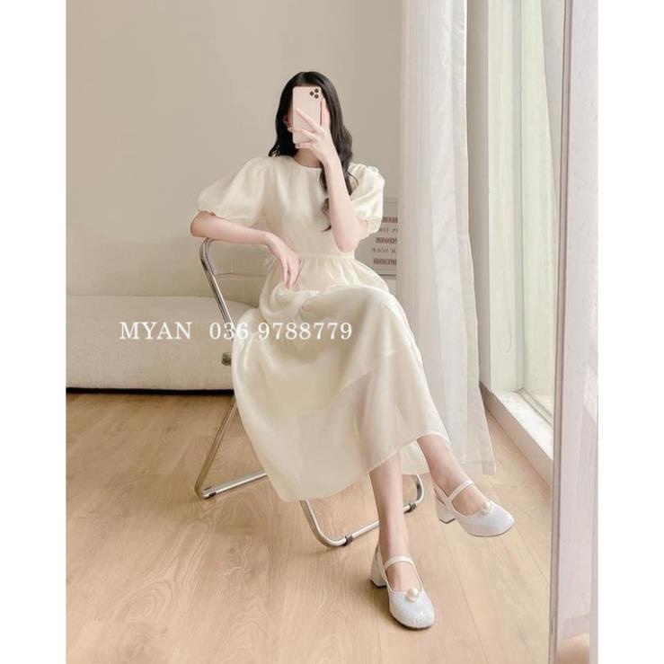 Đầm Váy Von Tơ Trơn Xếp Tầng Dáng Dài Tay Bồng Cộc Tay Cổ Tròn Tiểu Thư - Váy Nữ Dự Tiệc