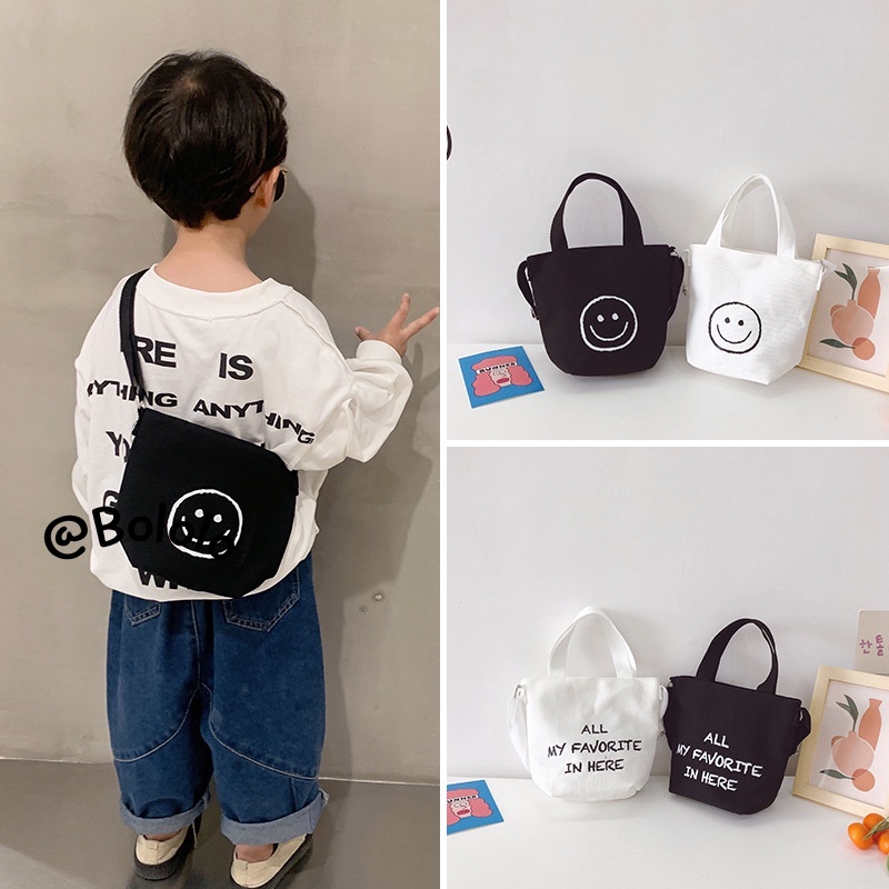 Bololo Túi Đeo Chéo Vải Canvas Họa Tiết Mặt Cười Dễ Thương Cho Bé Trai