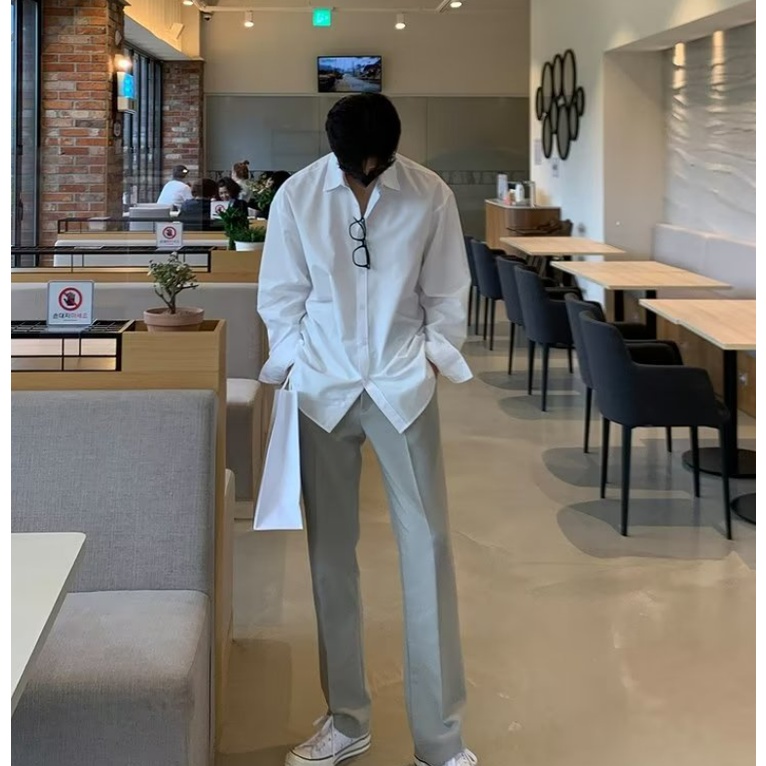 ✦AFFLIGA✦Áo Thun Tay Dài Dáng Rộng Màu Trơn Đơn Giản Trẻ Trung Hợp Thời Trang Cho Nam