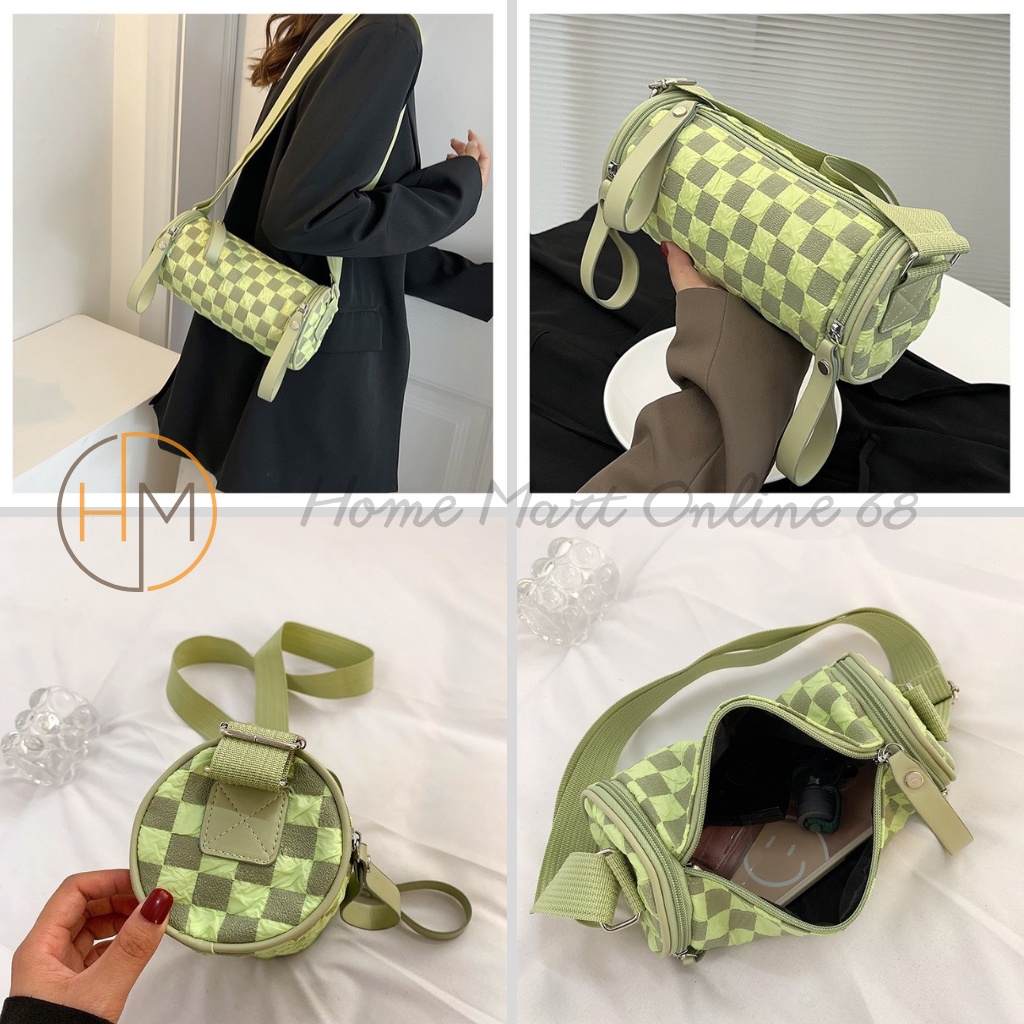Túi đeo chéo dáng trống kẻ caro phong cách mẫu hot 2023