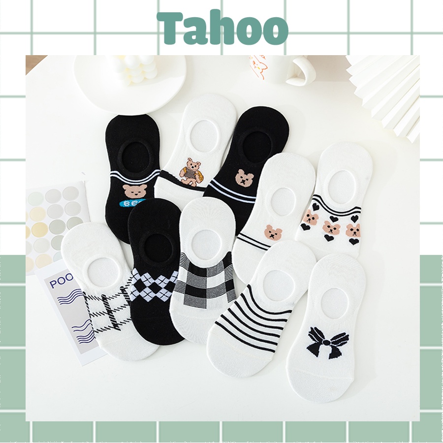 Set 5 đôi tất vớ nữ lười nửa bàn chân hoạ tiết gấu trắng đen phong cách Hàn Quốc dễ thương