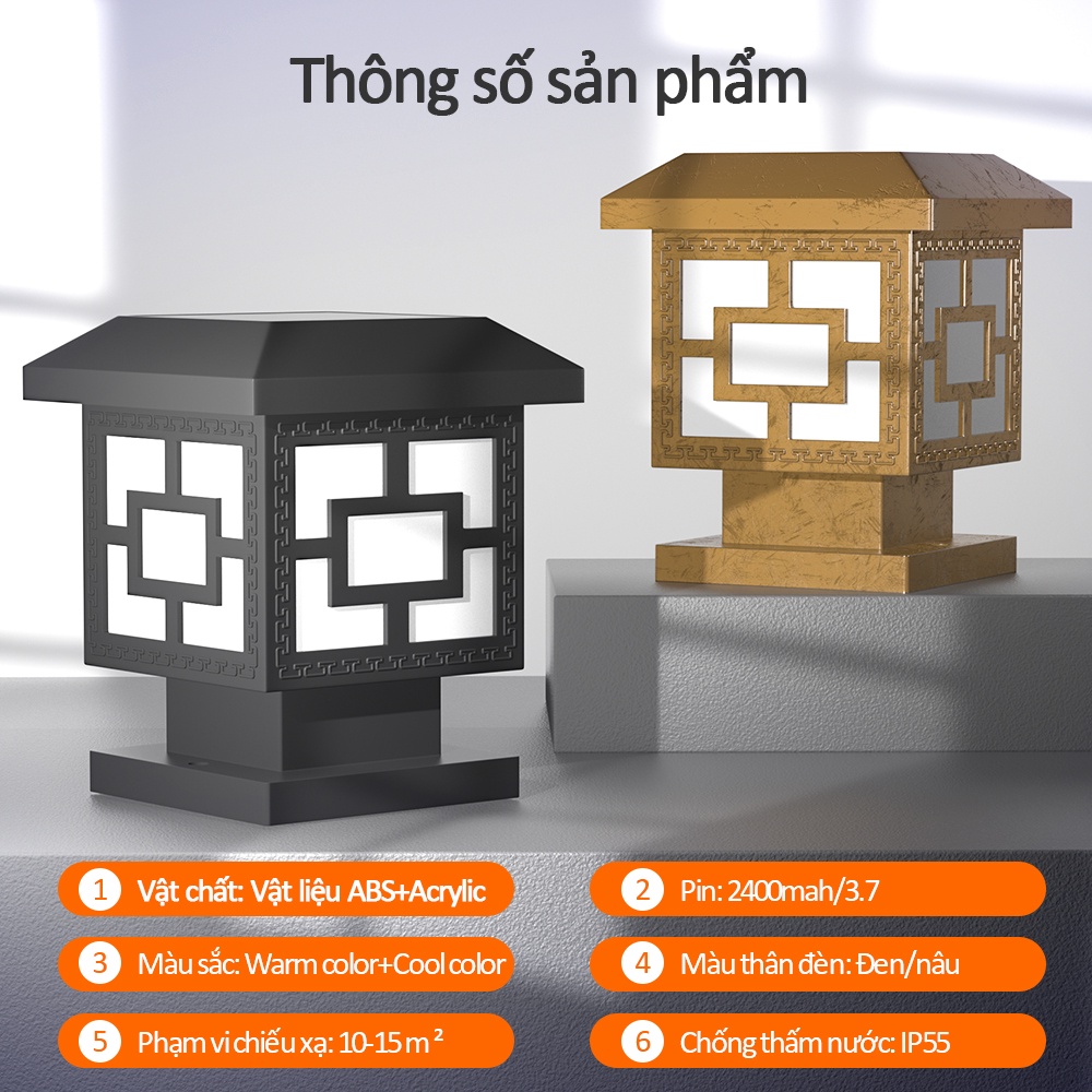 Đèn trụ cổng sân vườn năng lượng mặt trời 2 màu Chống nước IP67 trang trí sân vườn cột đèn hàng rào mái hiên
