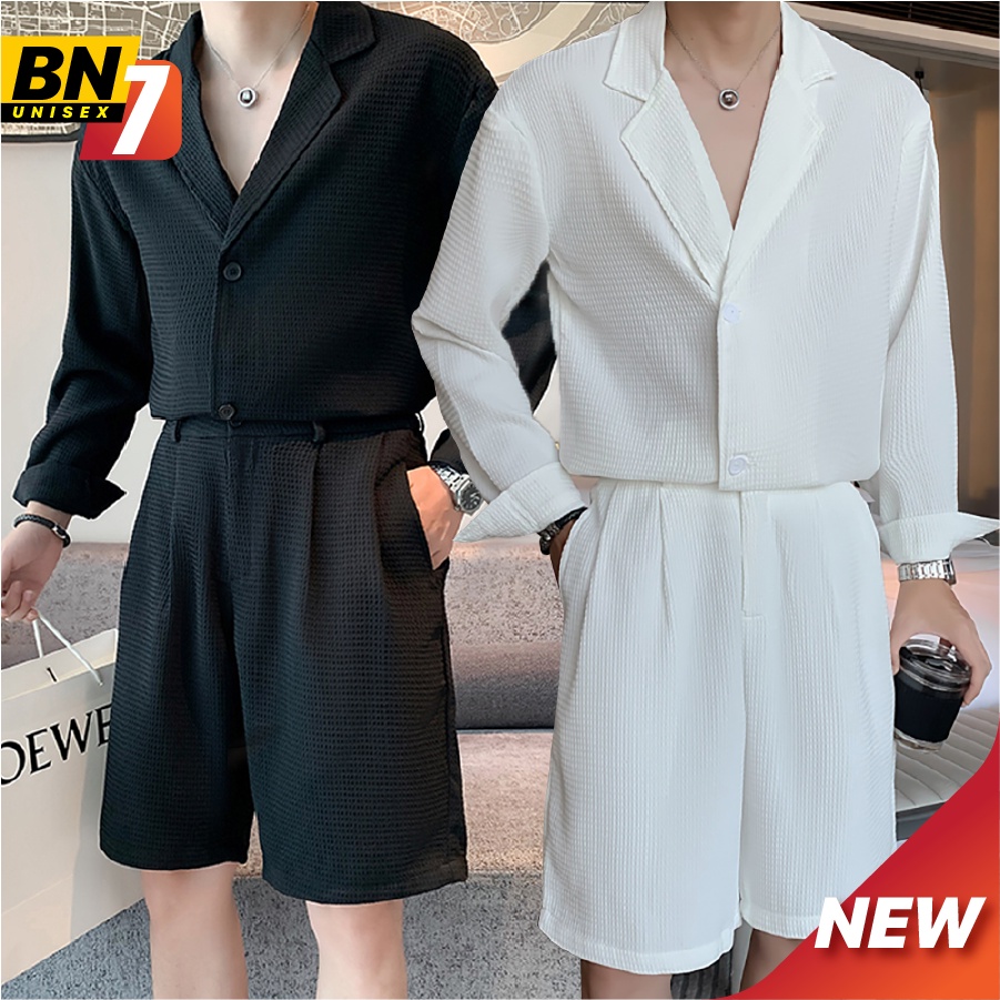 BN7- BỘ ĐỒ NAM ÁO SƠ MI DÀI TAY CỔ VEST + QUẦN SHORT DÁNG RỘNG - BỘ NAM MÀU TRƠN CAO CẤP, ÁO BỘ NAM MÙA HÈ