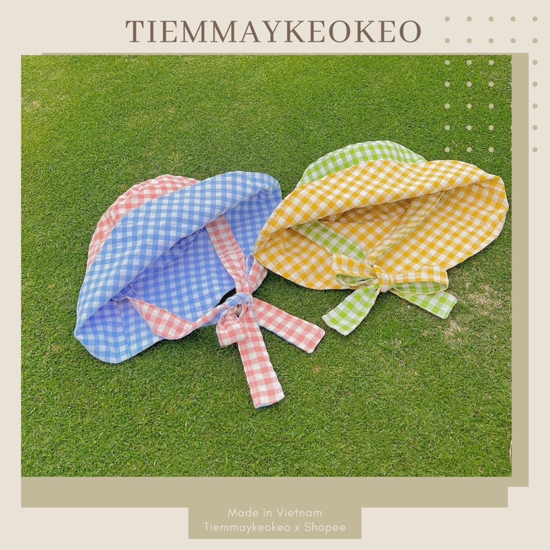 Mũ nón vành rộng thiết kế TIEMMAYKEOKEO mũ bucket vải caro mềm mại hai mặt kèm dây nơ tháo rời cho nữ
