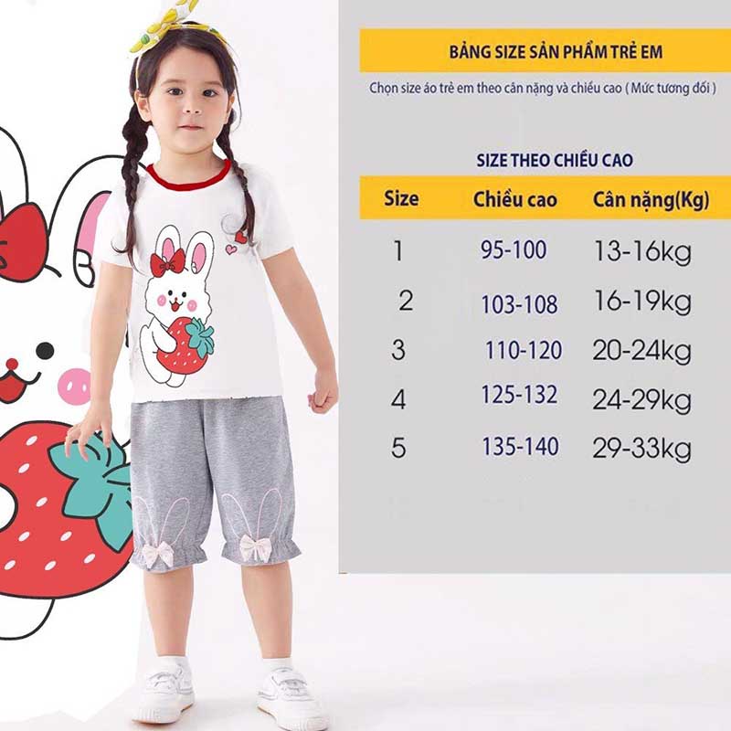 Áo phông áo thun cộc tay TANOSA in hình thỏ dâu tây chất cotton cổ tròn viền size 13-33kg