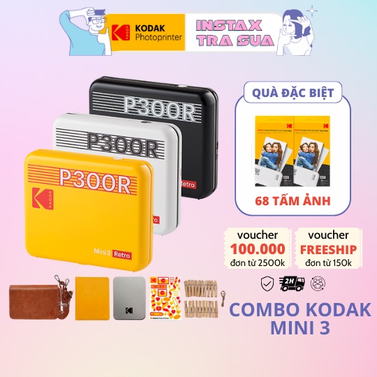 Combo máy in ảnh lấy ảnh ngay Kodak Mini 3 Retro P300R - kèm 68 film và bộ phụ kiện