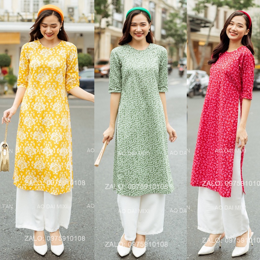 Set áo dài cách tân hoa nhí MIXI, áo dài dáng suông lụa Hàng Châu cao cấp mềm mát mặc các sự kiện chụp hình cực đẹp