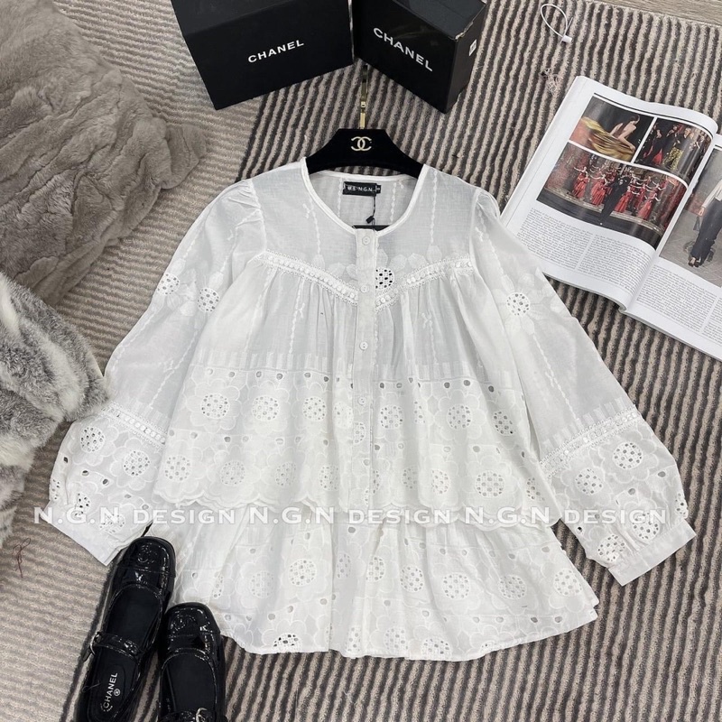 Rập giấy thiết kế, Rập giấy set sơ mi nữ cổ tròn nhún bèo tay dài phồng và quần sooc. rập giấy a0 cắt sẵn