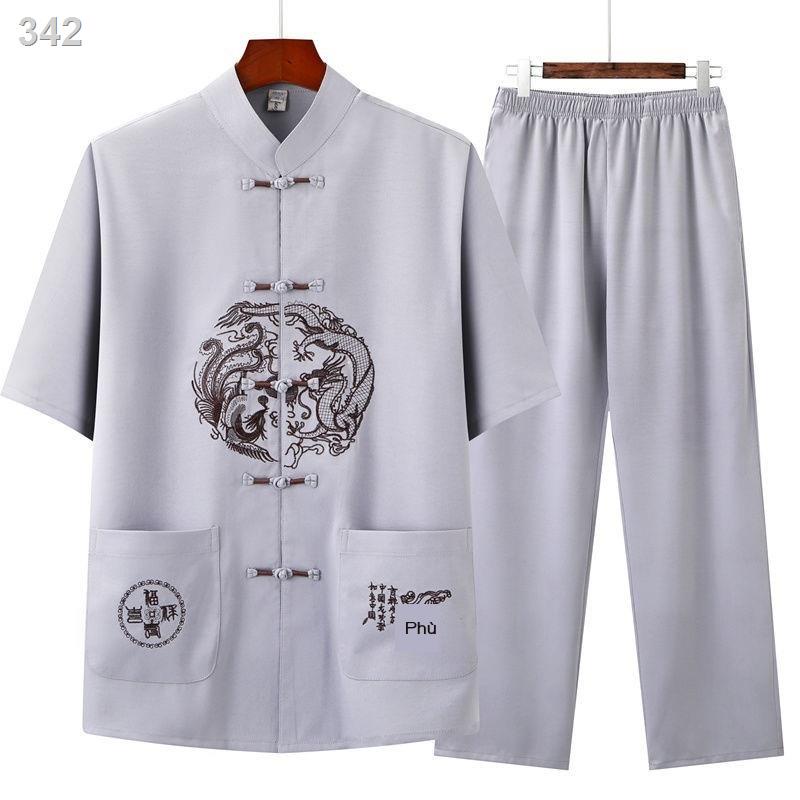 【HOT】ↂ☎Bộ quần áo mùa hè của ông nội vải lanh lụa băng cho người trung niên và cao tuổi phong cách Quốc