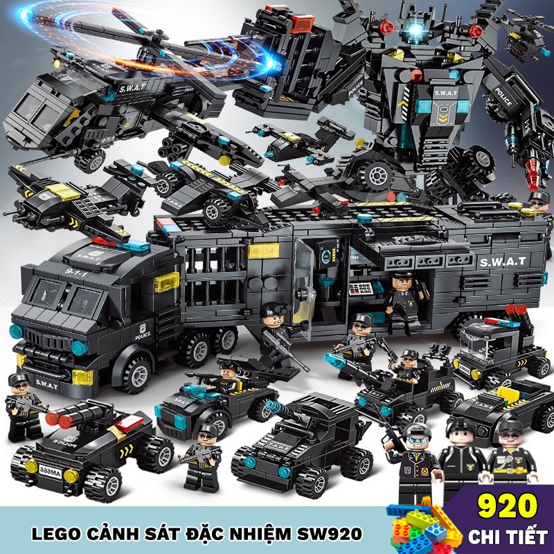 Đồ chơi lego cảnh sát đặc nhiệm Swat lắp ráp mô hình robot, xe cảnh sát, cho bé logic sáng tạo