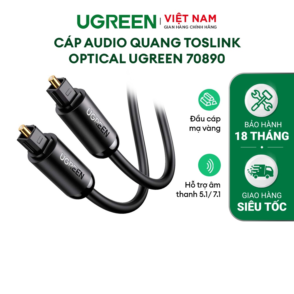 Cáp audio quang Toslink Optical UGREEN 70890 | Hỗ trợ âm thanh 5.1/ 7.1 | Đầu cáp mạ vàng | BH 18 Tháng 1 Đổi 1 |