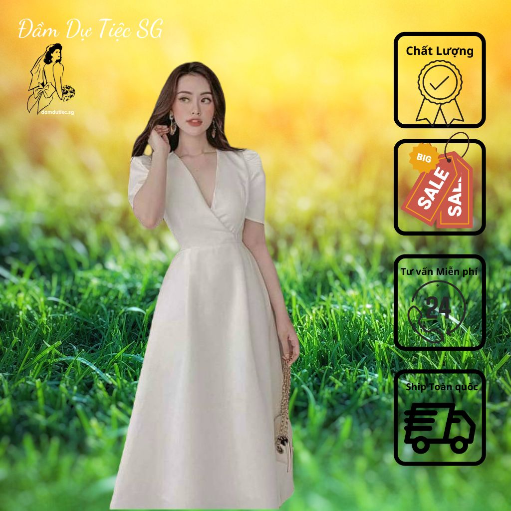 Đầm Thiết Kế Chất Tafta Cổ V Đắp Chéo Dáng Dài Xòe Kèm Tag Hoa 3 Màu UC-BCCB-4627